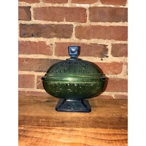 Jeannette Blue Green Glass Footed Candy Dish Grape Leaf